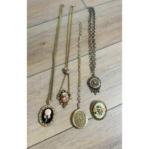 Vintage Pendant & Locket Set Avon Rose Cabochon Victorian Revival Filigree Gold